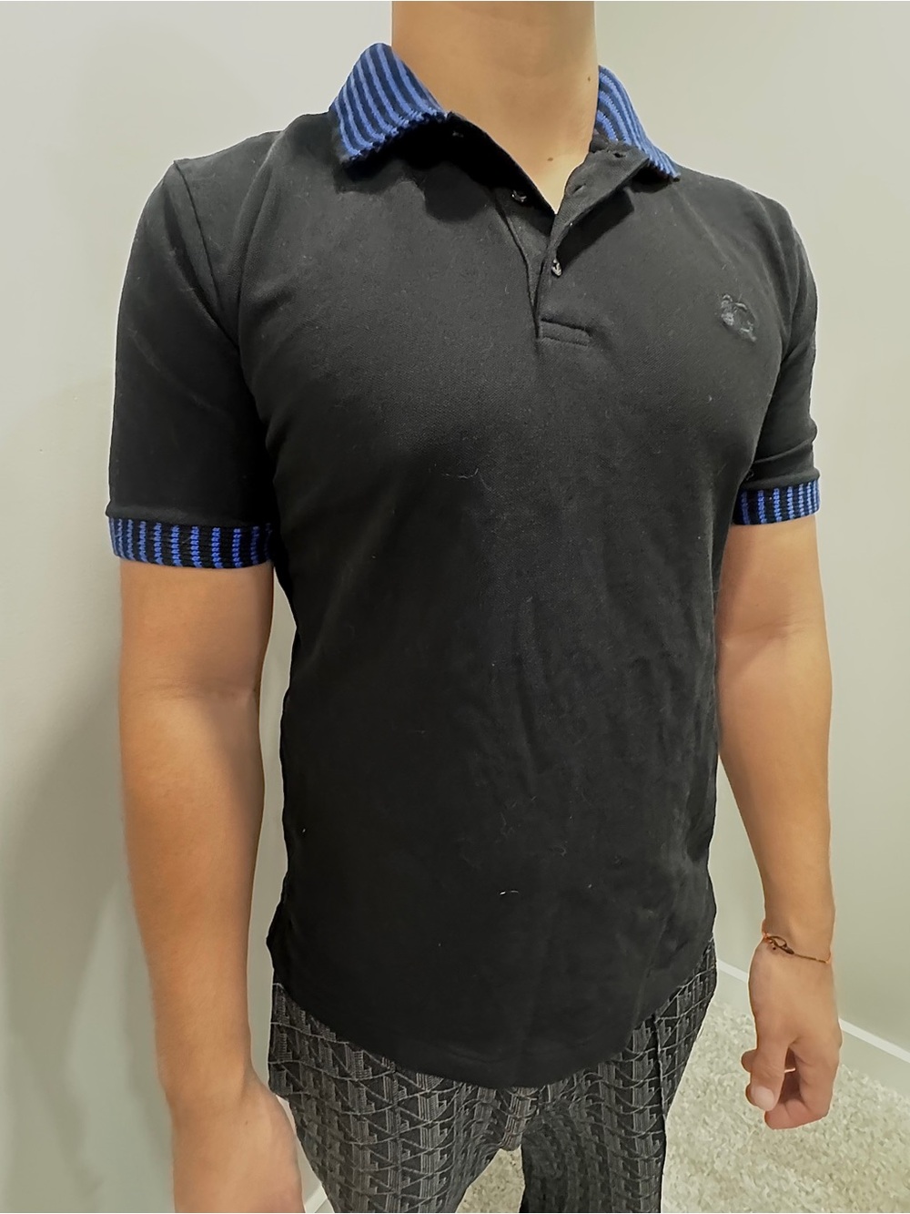 Burberry Black Polo with Blue Striped Collar and Cuffs